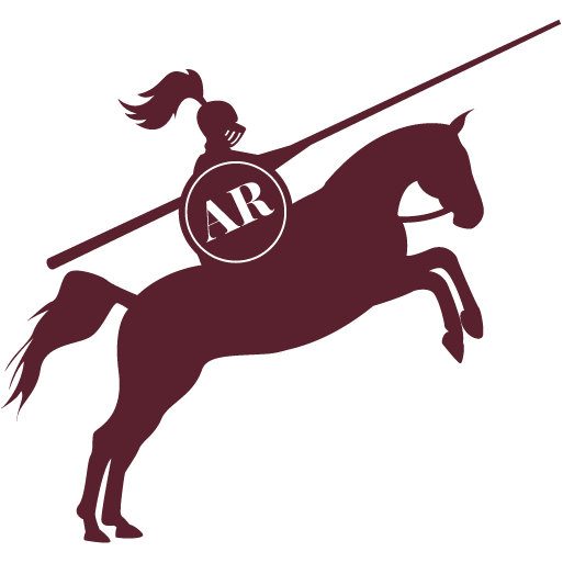 Silhouette logo of a knight on a horse holding a lance and a shield that says "AR."