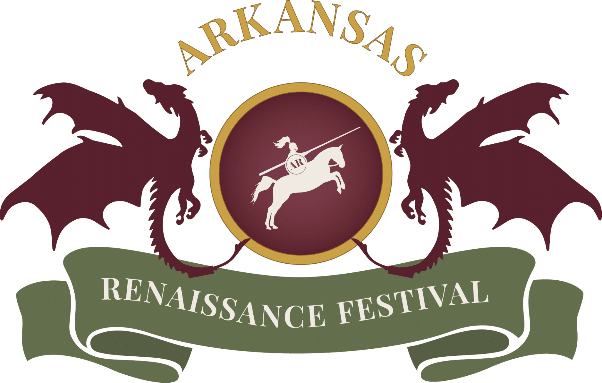 Arkansas Renaissance Logo that says, "Arkansas Renaissance Festival" with two dragons and a knight on a horse.
