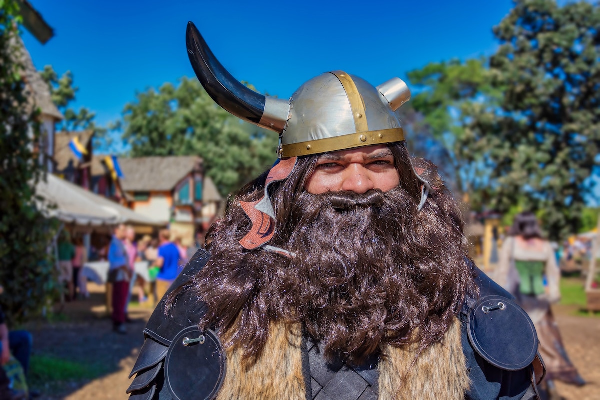 A man with a viking helmet and large brown beard at the Arkansas Renaissance Festival.