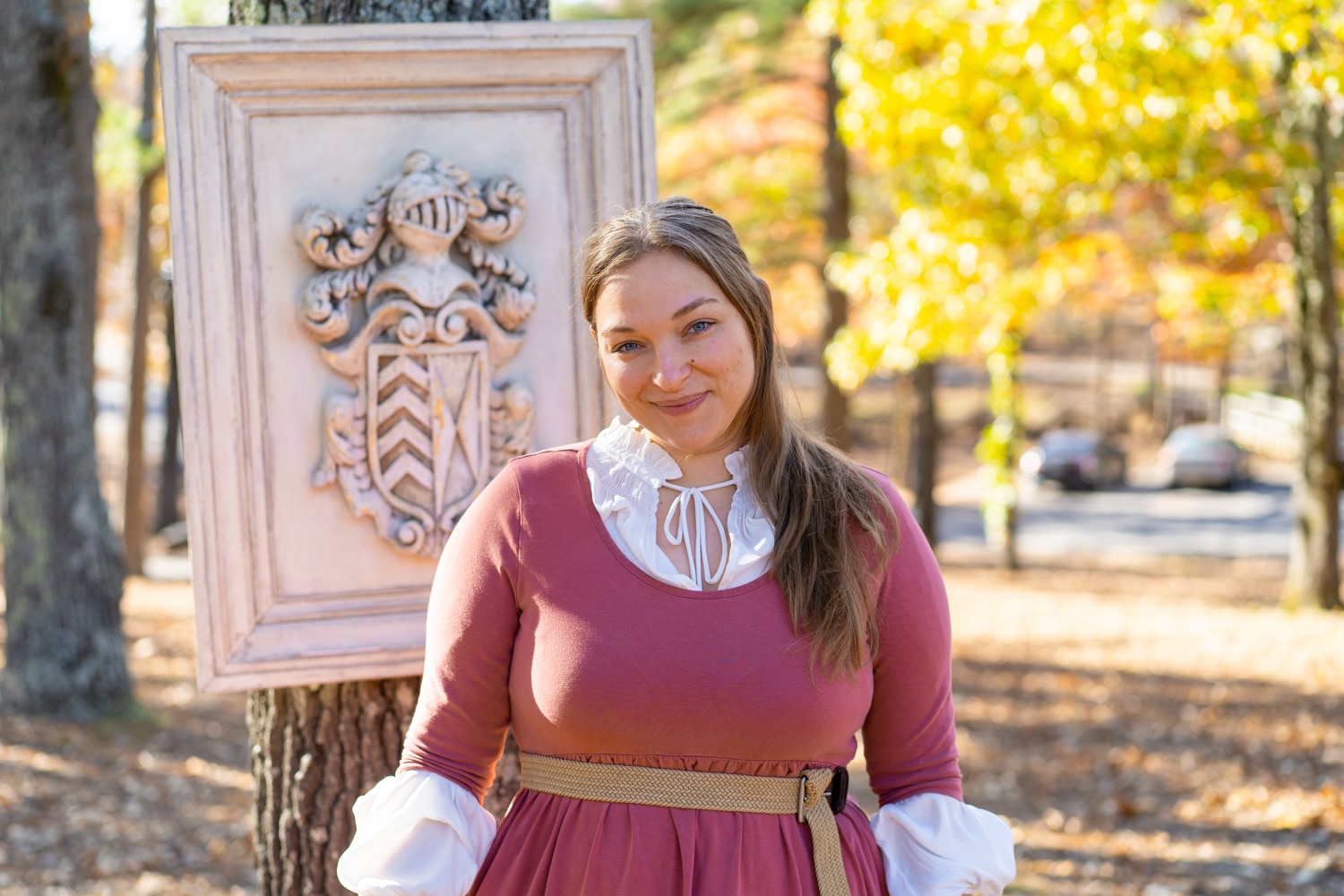 Woman in a pink dress poses for the camera in front of a picture of a knight on a tree at the Arkansas Renaissance Festival.